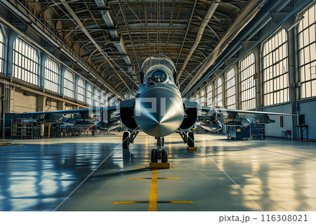 Military airplane on maintenance of engine and fuselage check repair in hangar 116308021