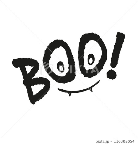 Boo text with eyes and smile, Halloween message, black on white background, editable lettering doodle design 116308054
