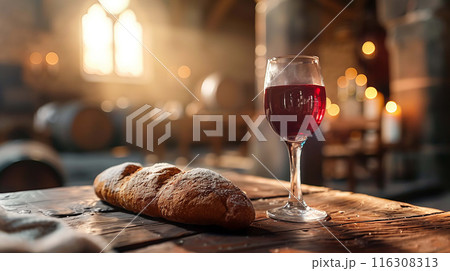 Bread accompanied by a glass of wine 116308313