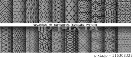 Geometric set of seamless black and gray patterns. Simple vector graphics 116308325