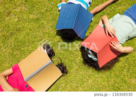 Three children are lying on grass reading books, with a focus on education and leisure 116308530