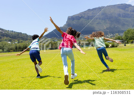 Three biracial children run joyfully across grassy field Three biracial children run joyfully across grassy field 116308531
