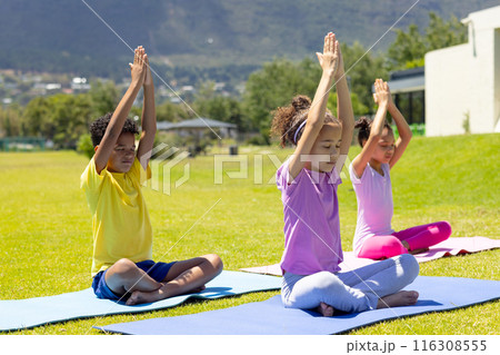 Biracial children practice yoga outdoors, sitting on colorful mats 116308555