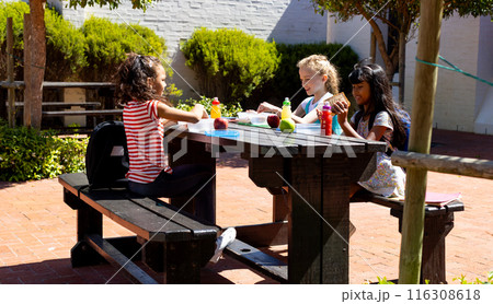 Three children enjoy a sunny outdoor lunch at a wooden table in school 116308618