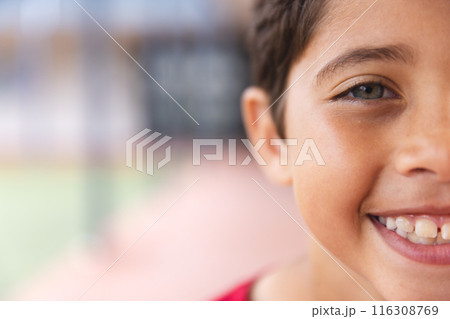 In school outdoors, young biracial male student smiling at camera with copy space 116308769