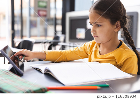 In school, in the classroom, a young biracial girl with a braid is using a tablet 116308934