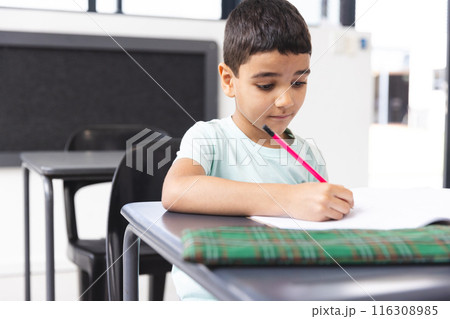 In school, young biracial boy focusing on writing in a notebook in the classroom 116308985