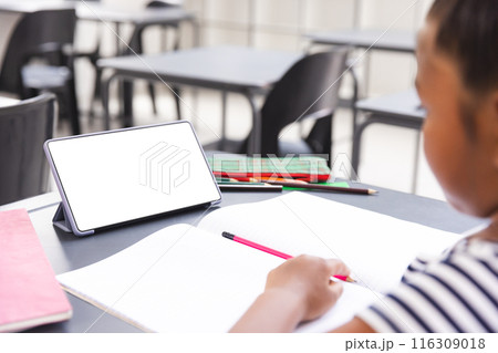 In school, a young biracial girl is writing in a notebook in the classroom, with copy space In school, a young biracial girl is writing in a notebook in the classroom, with copy space 116309018