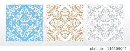 Wallpapers in the style of Baroque. Seamless vector backgrounds. Set of colored floral ornaments. Graphic patterns for fabric, wallpaper, packaging. Ornate Damask flower ornaments Wallpapers in the style of Baroque. Seamless vector backgrounds. Set of colored floral ornaments. Graphic patterns for fabric, wallpaper, packaging. Ornate Damask flower ornaments 116309043