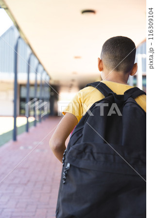 Biracial boy heads to school, with copy space 116309104