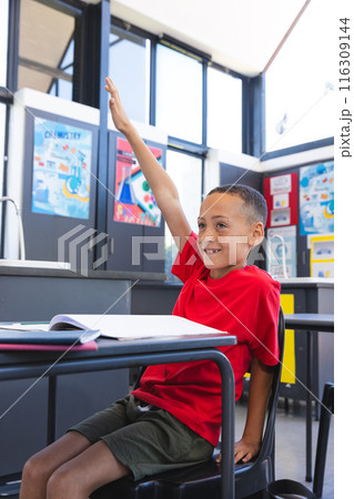 Biracial boy raises hand in classroom at school Biracial boy raises hand in classroom at school 116309144