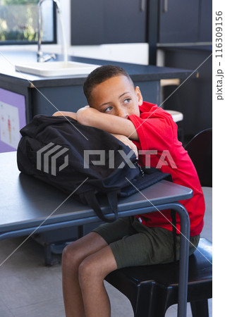 Biracial boy sits at a school desk, looking thoughtful 116309156