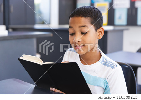 In school, in the classroom, a young biracial student is engrossed in reading a book 116309213