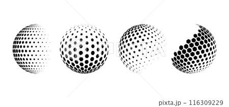 Fading halftone pattern sphere set. Hexagon wireframe 3d circle collection. Black grid globe element bundle. Round vanishing shape pack for tech poster, banner, cover, emblem. Vector spinning objects 116309229