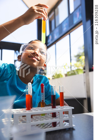 Biracial boy examines a test tube in a school lab classroom 116309288