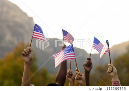 Diverse friends raising hands with flags of usa in garden 116309366