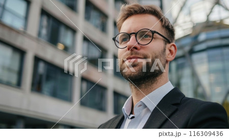 Mature elegant professional with glasses standing outside the office with copy space 116309436