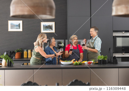Diverse senior female friends holding wine glasses, laughing at home Diverse senior female friends holding wine glasses, laughing at home 116309448