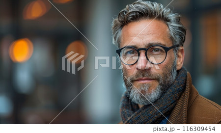Mature elegant professional with glasses standing outside the office with copy space 116309454