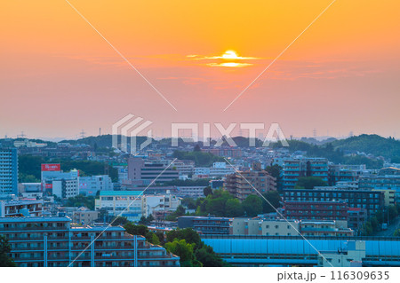 日本の横浜都市景観　あざみ野駅（画面左端）方面や夕日などを望む（ルームズ大正堂あざみ野店) 116309635