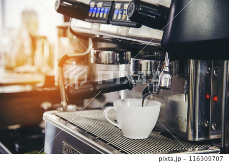 Black cup fresh coffee machine espresso barista beverage appliance froth bar cappuccino professional automatic equipment. Coffee aromatic drinking appliance freshness coffee machine home kitchen 116309707