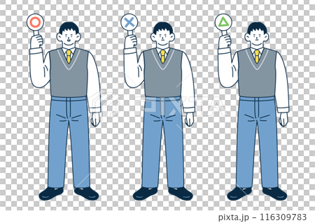 Illustration set of a male student holding a circle, cross and triangle answer card 116309783
