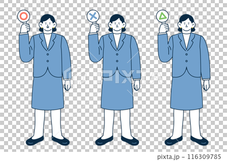 一位女商人手裡拿著圓三角答案卡的插圖集 116309785