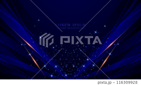 Abstract geometric blue shape slanted with golden lines and sparkle glowing dots effect decoration on dark blue background. Luxury style vector design Abstract geometric blue shape slanted with golden lines and sparkle glowing dots effect decoration on dark blue background. Luxury style vector design 116309928
