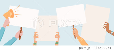 Various hands hold signs and placards during a protest. People with megaphones and blank banners demonstrate for rights and community support. Template for solidarity and strength in activism. 116309974