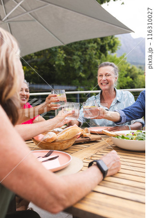 Group of diverse senior women enjoying drinks together at outdoor table 116310027