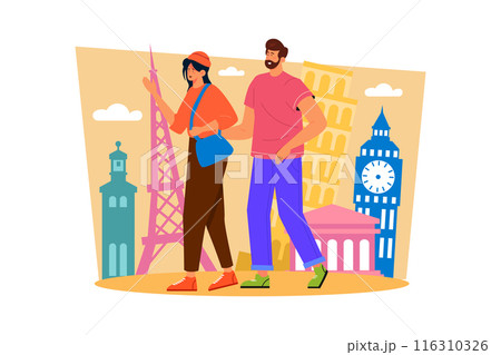 A couple spends the day exploring a new city or town together to create new memories. 116310326