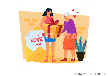 A woman surprises her mother with a heartfelt card and a thoughtful gift to show her appreciation 116310334