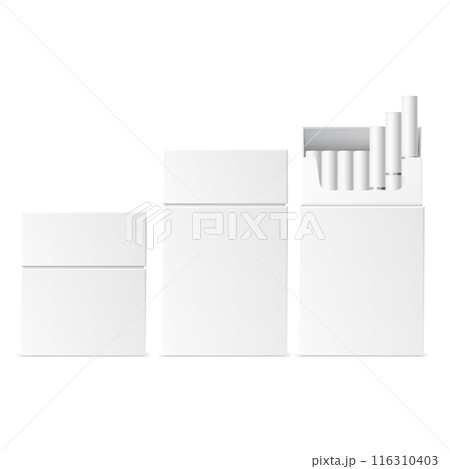Three white, blank cigarette boxes with one open showing contents. Vector 116310403