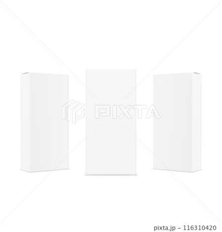 Three white, blank rectangular boxes standing upright in a row. Vector 116310420