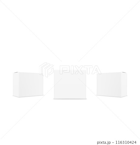 Three white, blank rectangular boxes standing upright in a row. Vector 116310424