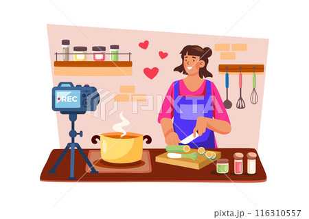 A food blogger films a recipe tutorial for their channel. A food blogger films a recipe tutorial for their channel. 116310557