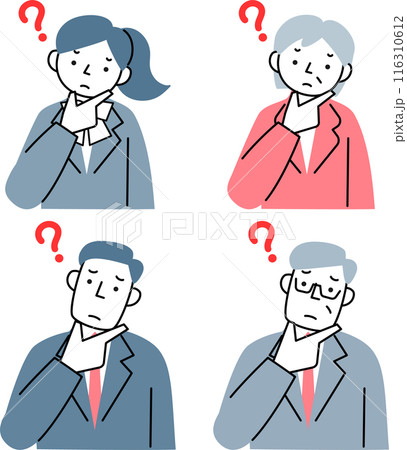 疑問を持つビジネスマンとビジネスウーマンの上半身セット 疑問を持つビジネスマンとビジネスウーマンの上半身セット 116310612