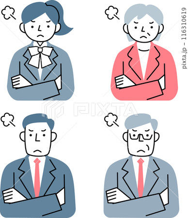 腹を立てるビジネスマンとビジネスウーマンの上半身セット 116310619