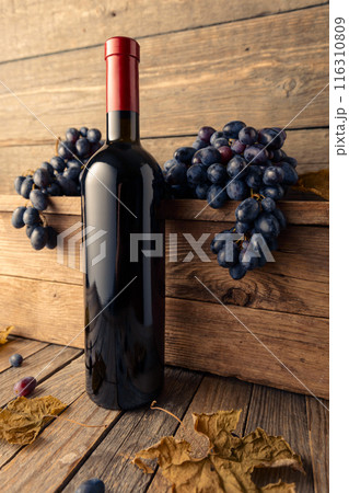 Bottle of red wine with blue grapes on a wooden table. 116310809