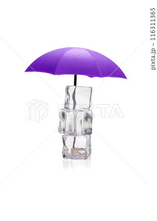 Purple umbrella protecting stack of three melting ice cubes on white background 116311365