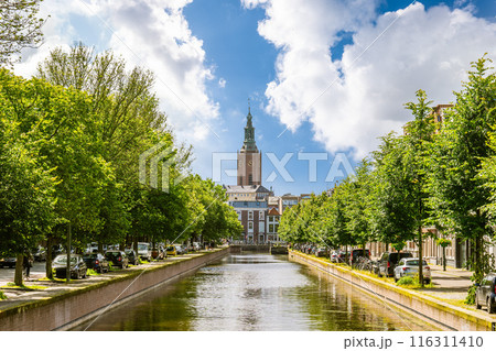 The clock tower of Great Church, or St James Church, in the Hague, Netherlands, Dutch 116311410