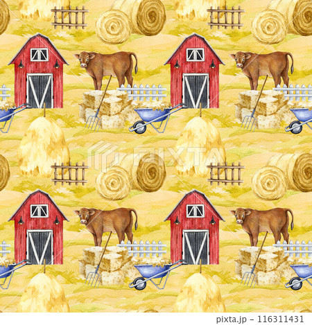 Farm life vintage style seamless pattern. Watercolor painted illustration. Hand dawn red barn, hay stack, cow, straw elements. Farm during harvest season seamless pattern Farm life vintage style seamless pattern. Watercolor painted illustration. Hand dawn red barn, hay stack, cow, straw elements. Farm during harvest season seamless pattern 116311431
