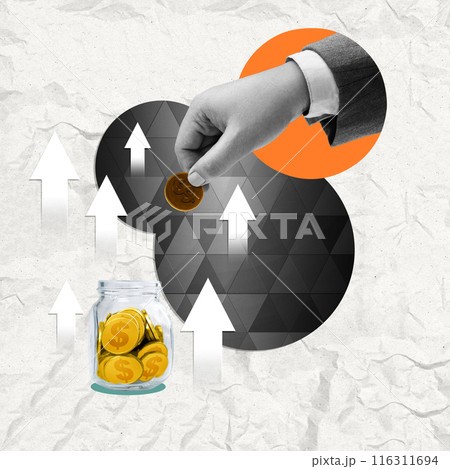 Businessman saving money in glass jar for future investment Businessman saving money in glass jar for future investment 116311694