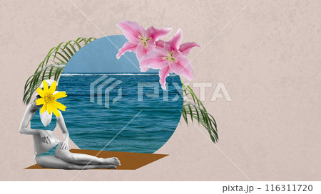 A woman in a hat and bikini suit with a flower head lies down on the mat on the beach 116311720