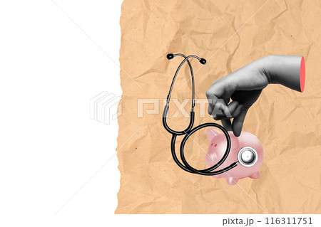 A human hand holding a piggy bank with a stethoscope 116311751