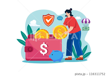 Woman puts money in her purse 116311752