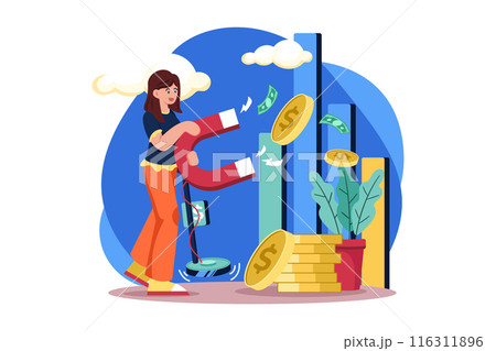 Woman Attracts Money Magnetically Illustration concept on white background 116311896