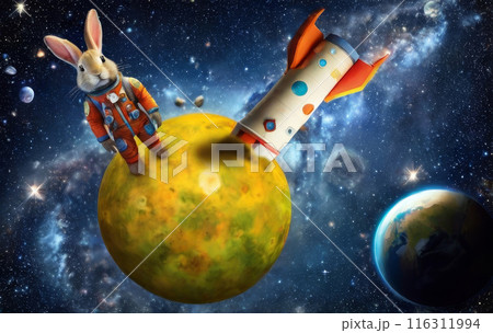 AI生成画像、不時着したロケットの宇宙飛行士のウサギさん 116311994