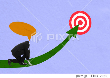 A businessman with an empty speech bubble head is ready to run in an increased arrow to reach the target 116312050