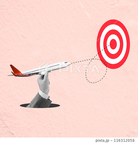 Business hand holding passenger airplane for flying to target Business hand holding passenger airplane for flying to target 116312058